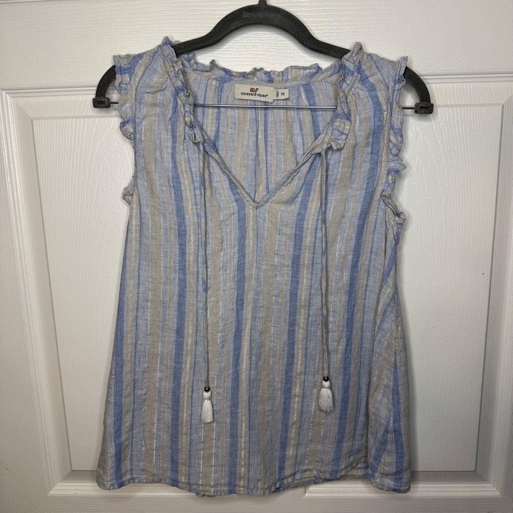 Vineyard Vines Women's Blue Gray Shimmer Striped Top 100% Linen Size XS GUC